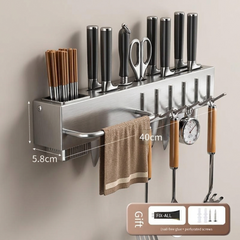 Smart Wall-mounted Storage Kitchen Knives Rack, Kitchenware Organizer with Steel Hooks,